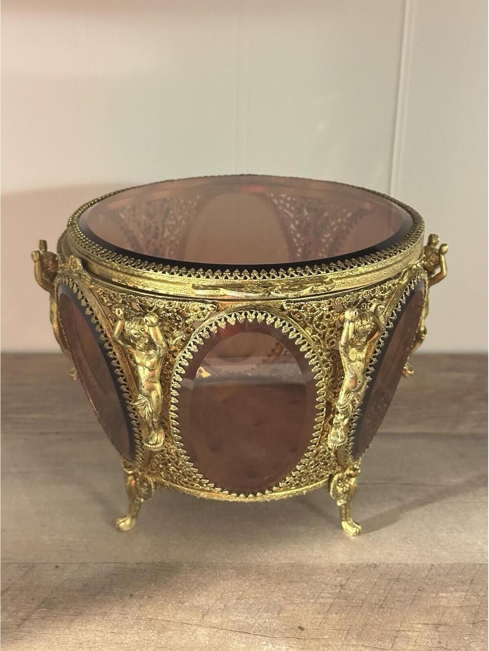 AMBER BEVELED GLASS Gold JEWELRY BOX